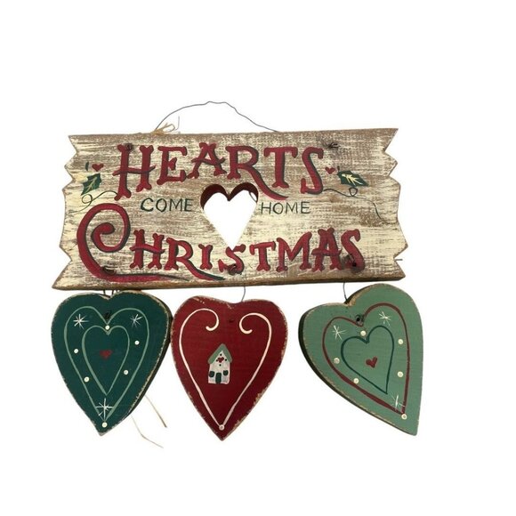 Vintage Wooden Christmas Wall Hanging Decor "Hearts Come Home Christmas" - Picture 2 of 4
